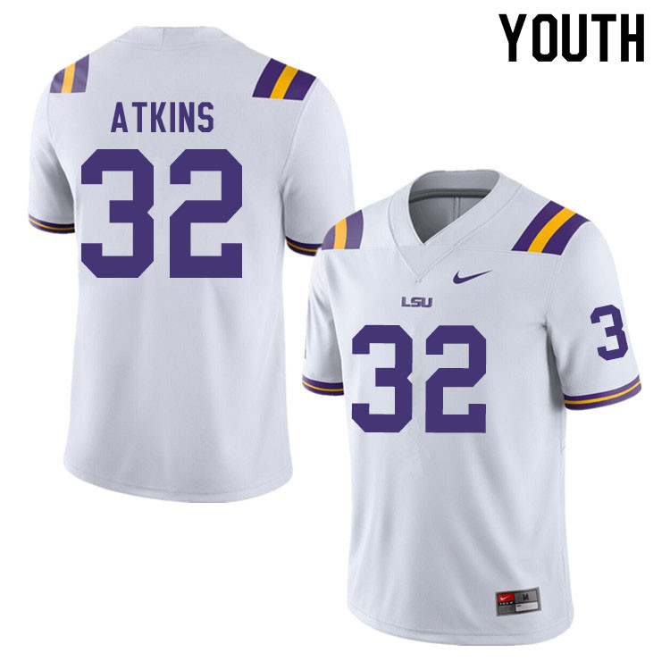 Youth #32 Avery Atkins LSU Tigers College Football Jerseys Sale-White